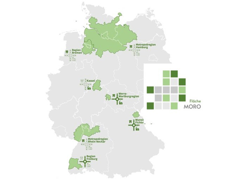 Deutschlandkarte mit markierten Modellregionen des Programms MORO Fläche, darunter die Metropolregion Rhein-Neckar