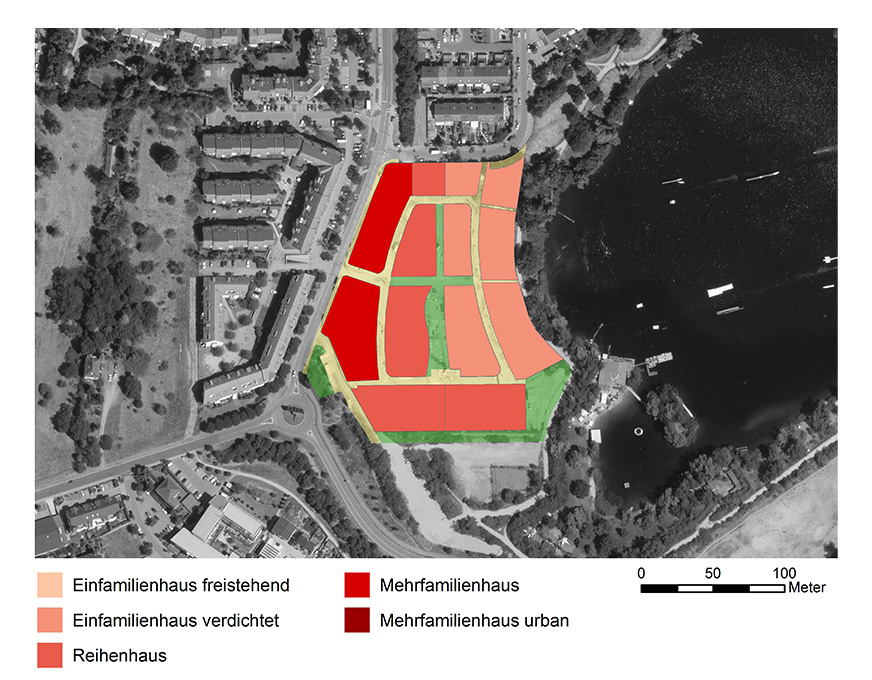 Karte des Planungsgebiets Rheinauer See mit farblich markierten Wohnbautypen wie Einfamilienhäusern, Reihenhäusern und Mehrfamilienhäusern
