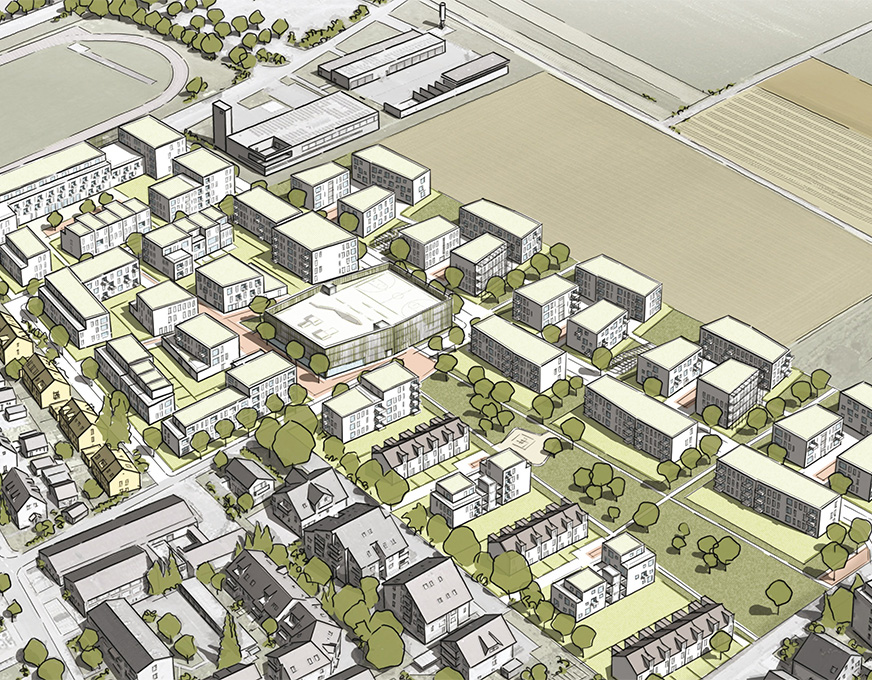 Illustration eines städtebaulichen Entwurfs mit Mehrfamilienhäusern, Reihenhäusern und Grünflächen in Hirschberg