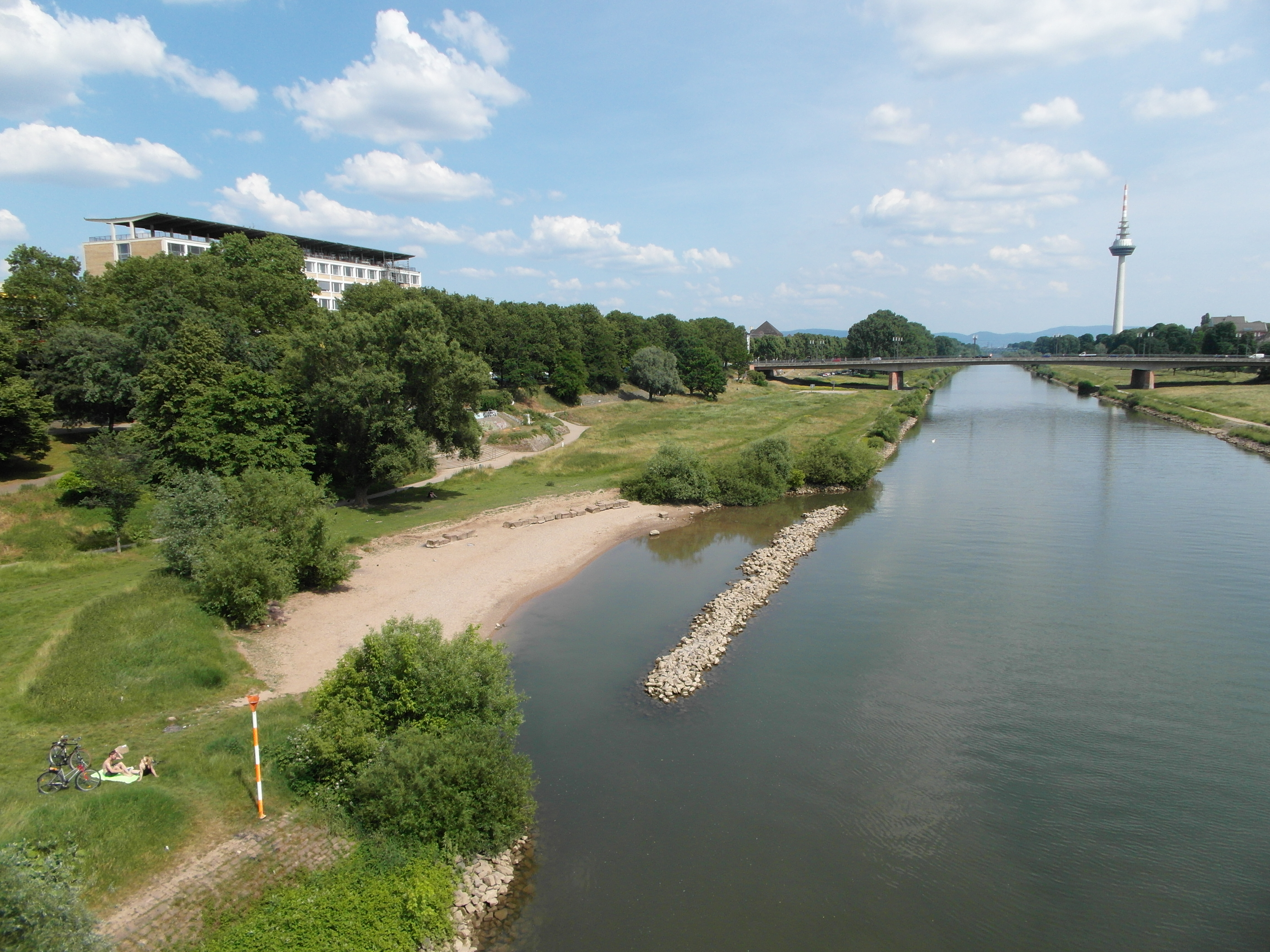 Luftaufnahme eines renaturierten Neckarufers mit Sandstrand, Grünflächen und Flusslauf in Mannheim