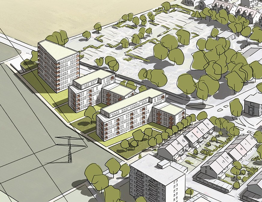 Illustration eines städtebaulichen Entwurfs mit Mehrfamilienhäusern, Reihenhäusern und Grünflächen in Ilvesheim
