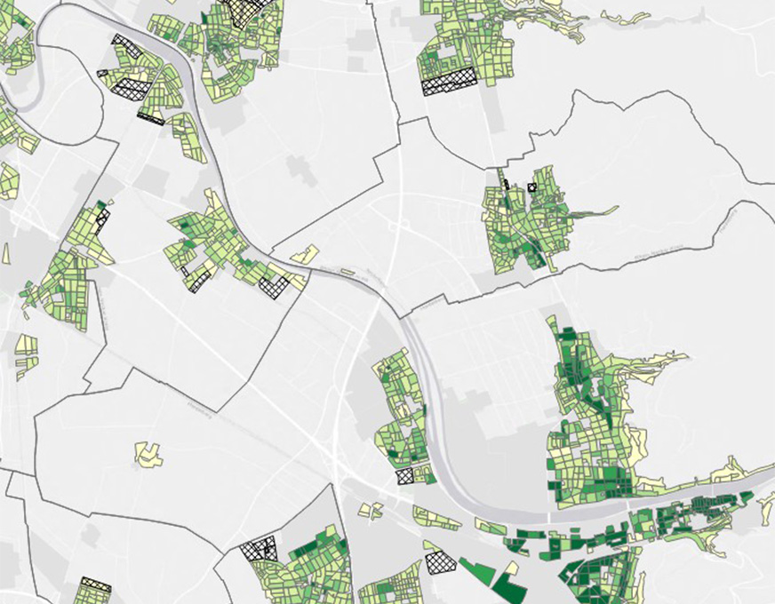 Kartenausschnitt mit farblich dargestellten Wohnbaupotenzialen und Flächen im Verbandsgebiet