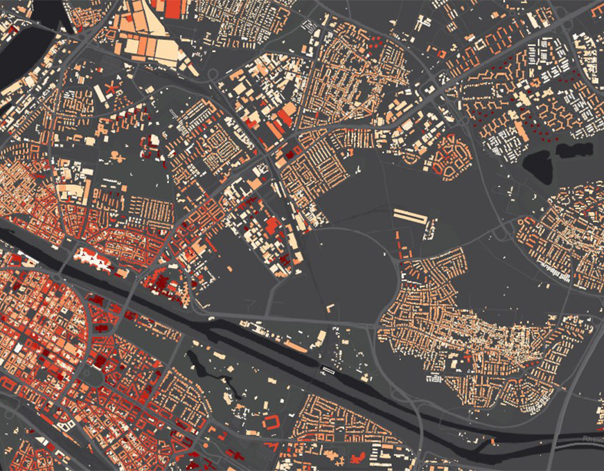 Karte mit detaillierter Darstellung von Gebäuden, Straßennetz und Bebauungsdichte in einem Stadtgebiet