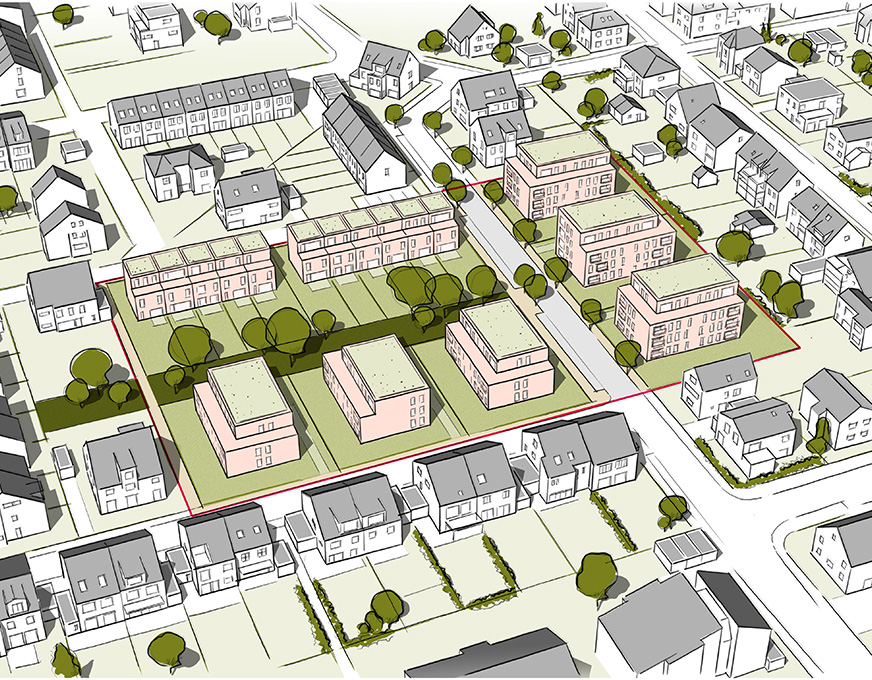 Illustration eines Wohngebiets mit Mehrfamilienhäusern, Grünflächen und angrenzender Bebauung im Umfeld