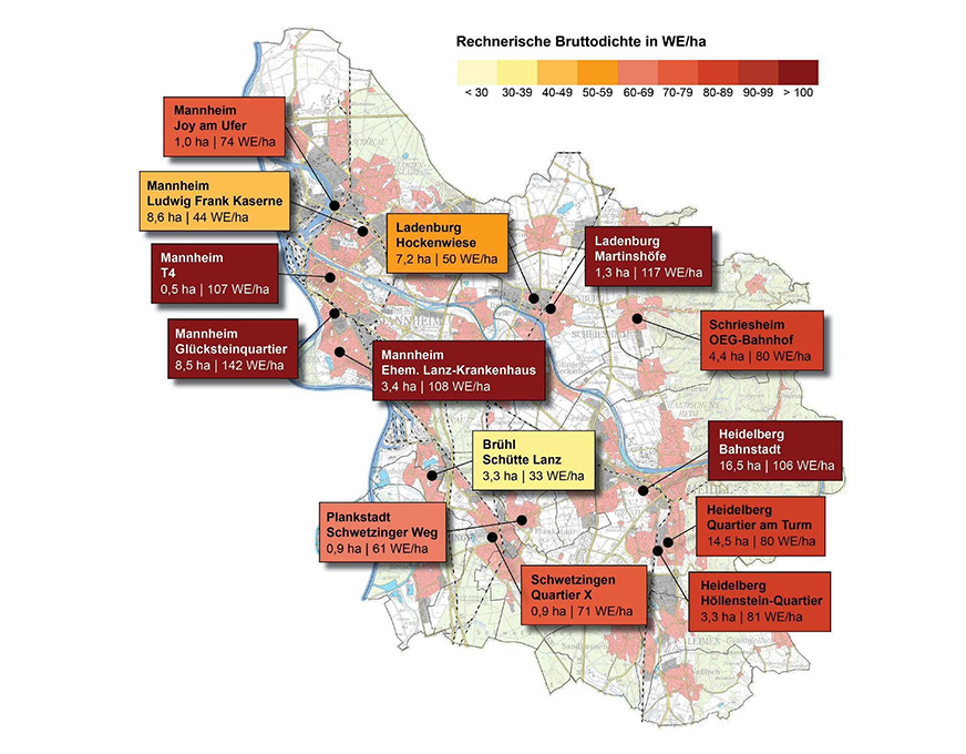 Karte des Verbandsgebiets mit markierten Wohnbauprojekten und dargestellter Bebauungsdichte in Wohneinheiten pro Hektar