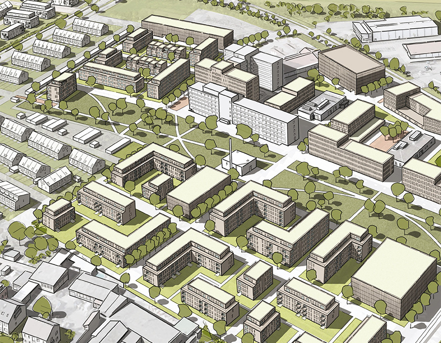 Illustration eines städtebaulichen Entwurfs mit Mehrfamilienhäusern, Reihenhäusern und Grünflächen in Ladenburg