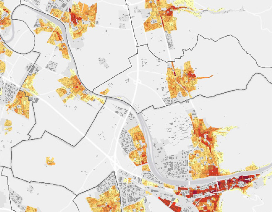 Kartenausschnitt mit farblich dargestellter Bebauungsdichte und Ausnutzung von Flächen im Verbandsgebiet